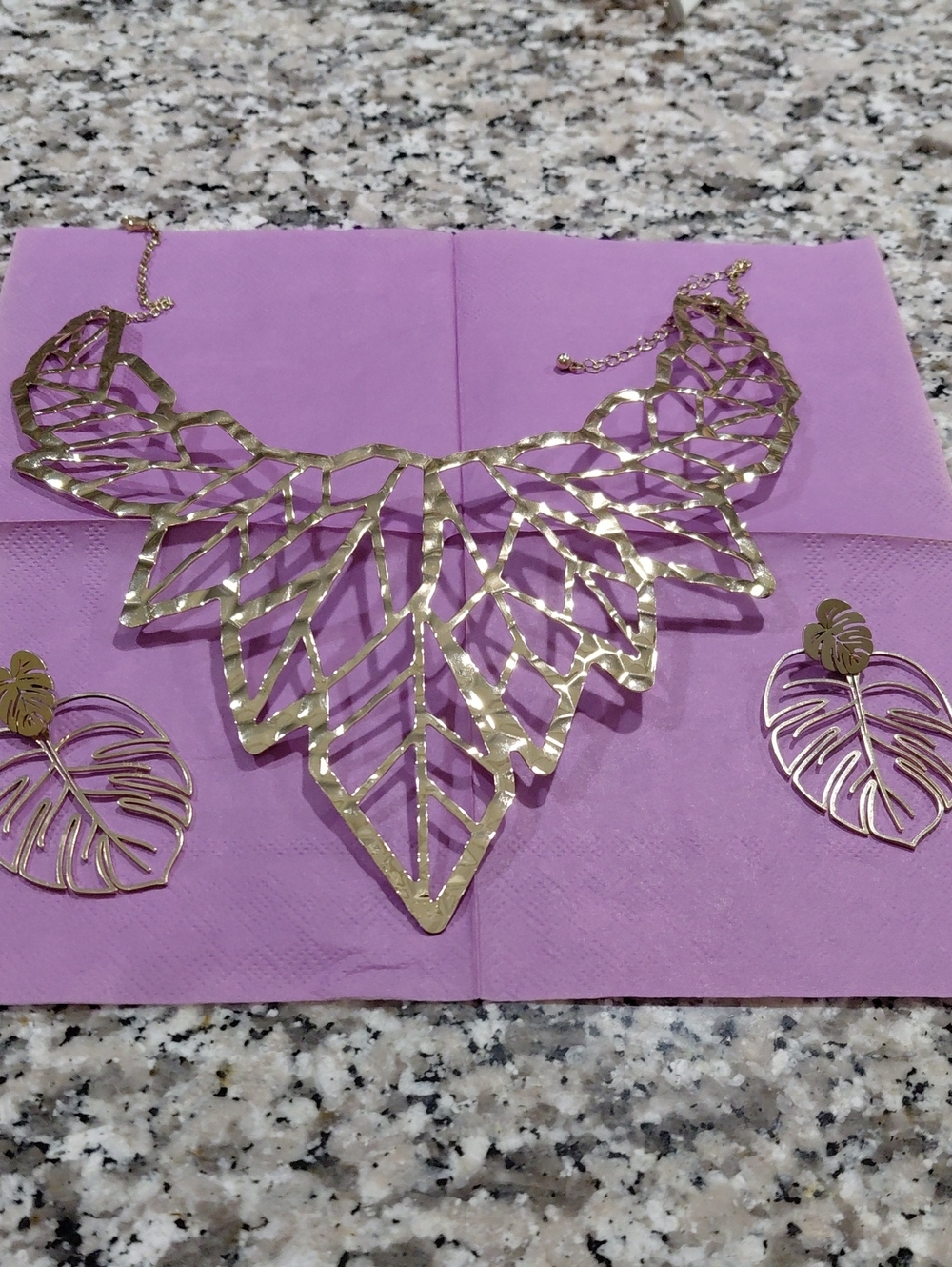 Gold Leaf Statement Necklace and Earrings Set